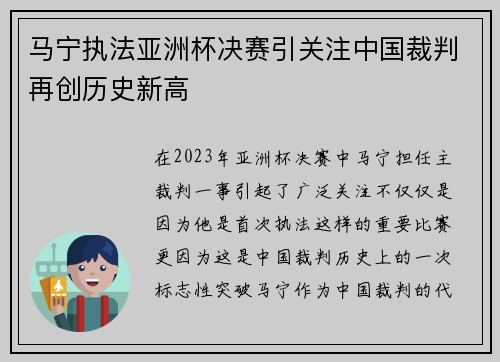 马宁执法亚洲杯决赛引关注中国裁判再创历史新高